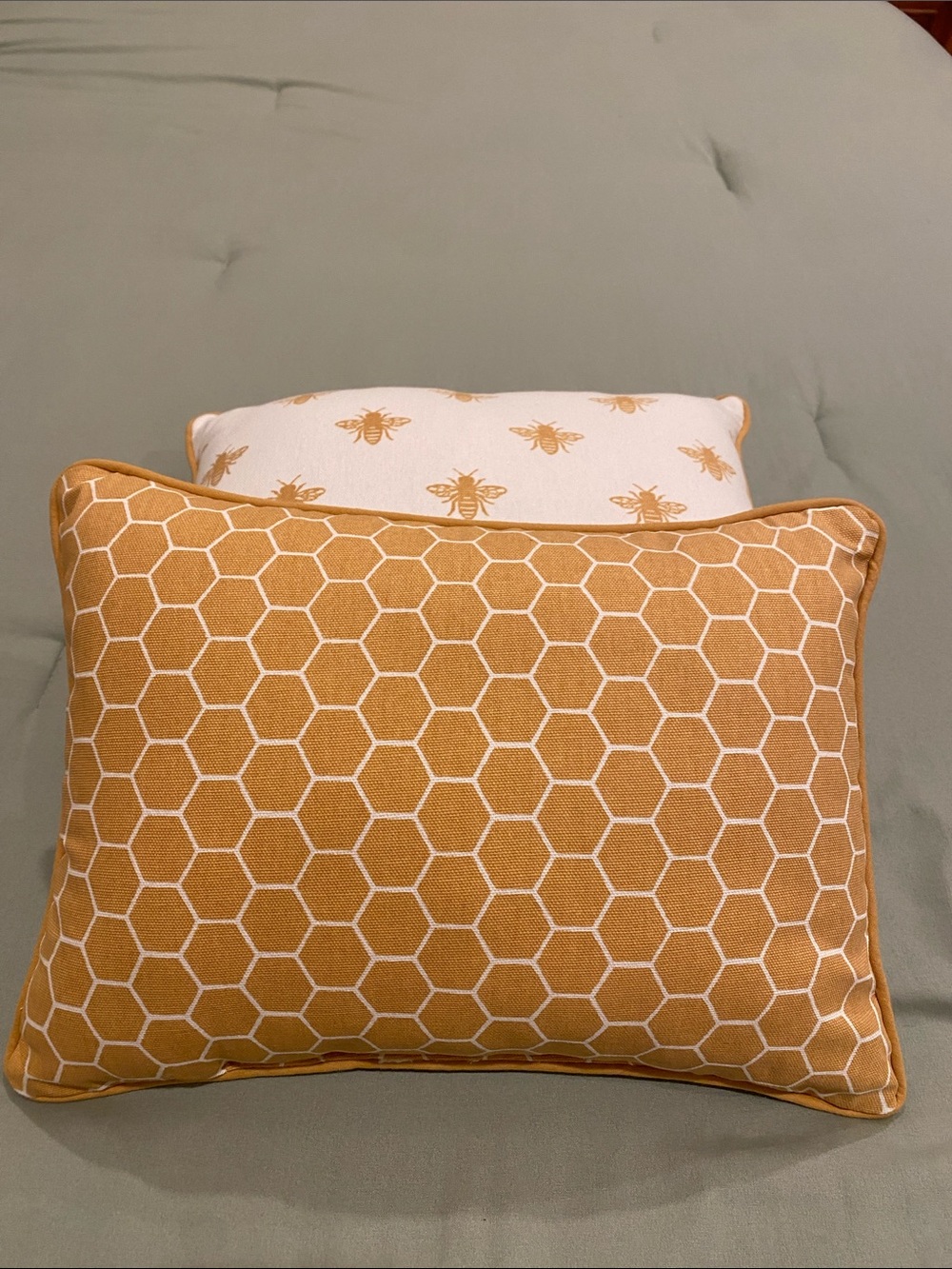 Set of Two Reversible Bee Pattern Decorative Throw Pillows in Mustard and White - Picture 2 of 4